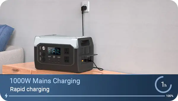 YDESS AP1000 China portable power station being charged via wall outlet at home